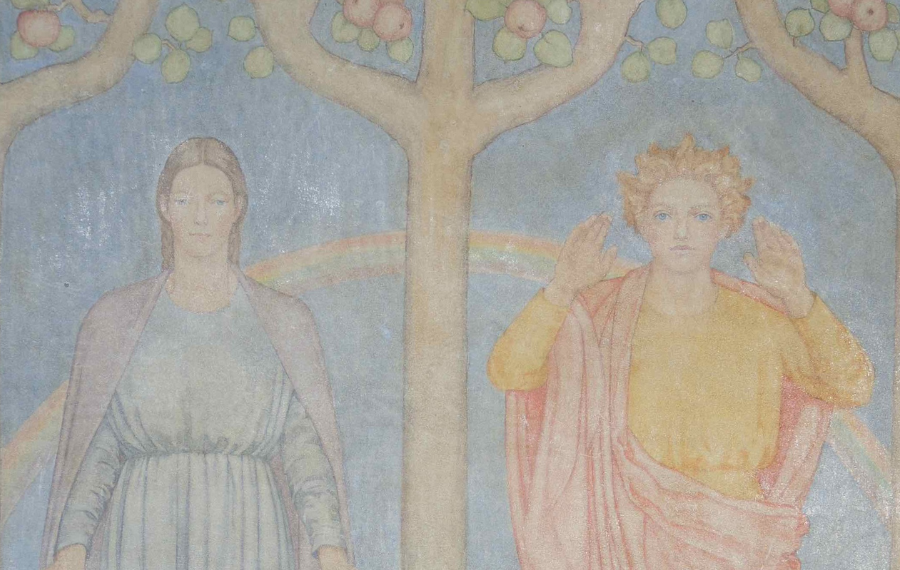 Kitty Milroy Wallpainting. (Credit: Rickerby & Shekede) A wall painting by Kitty Milroy showing one white man in red and yellow robes and one white woman in a long blue dress standing under apple trees.