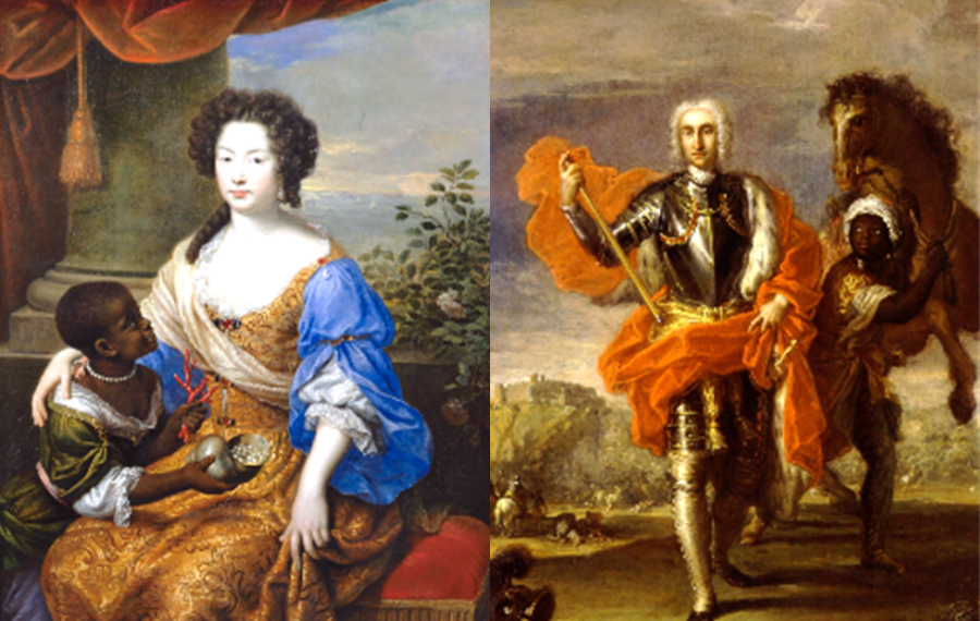 Examples of Potraits that will be researched in People of Colour Survey – (Credit: National Portrait Gallery) On the left, a white woman in older dress sits with a young Black boy. On the right, a man in old military dress stands by a rearing horse and young black male groom