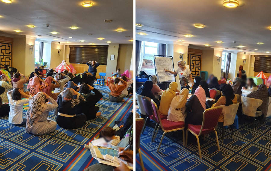 ESOL & Yoga class- (Credit: Refugee Women Connect) On left a group of women of different ages do a yoga class in a carpeted room. On the right, the same group of women are in groups around tables watching a teacher at the front of the room gesturing to a flipchart.