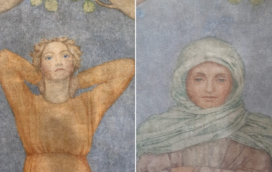 Kitty Milroy wall paintings. (Credit: Church Buildings Council ) Figures from Kitty Milroy’s wall scheme. Left a young white man in an orange robe looks up under a apple tree. Right: a close up of a women with a white hood looking forward.