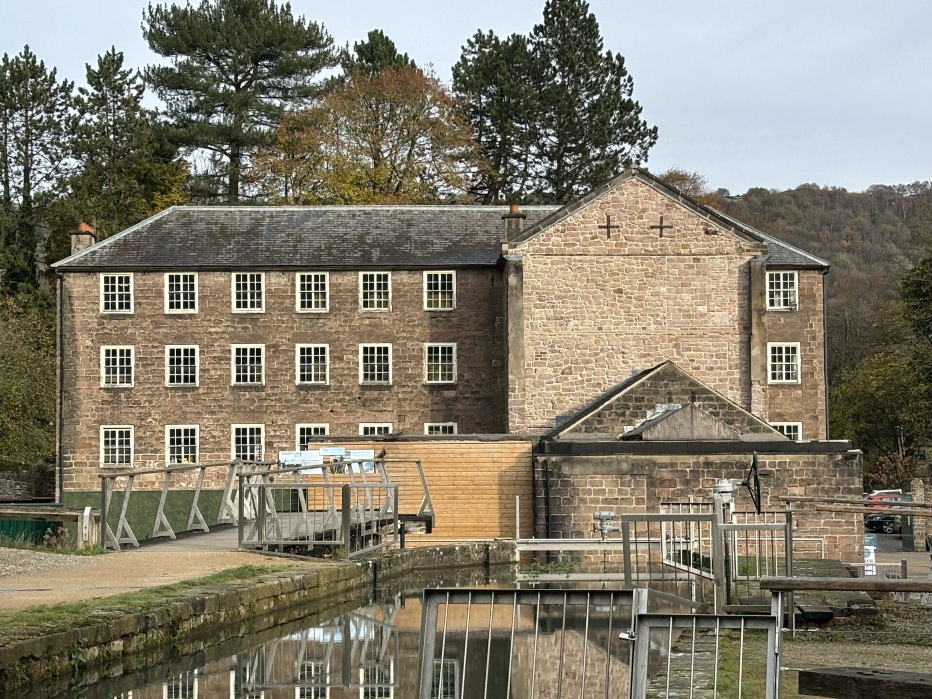 SW_elevation_Building_1 Cromford Mills, Derbyshire, picture of SW elevation Grade I listed complex of buildings.